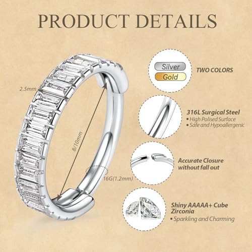 FUNLMO 316L Surgical Steel Hinged Segment Ring Conch Helix Septum Piercing Jewelry Nose Ring Hoop Cartilage Huggie Earring Baguette Gems Thick Hoop Earring - color: Silver