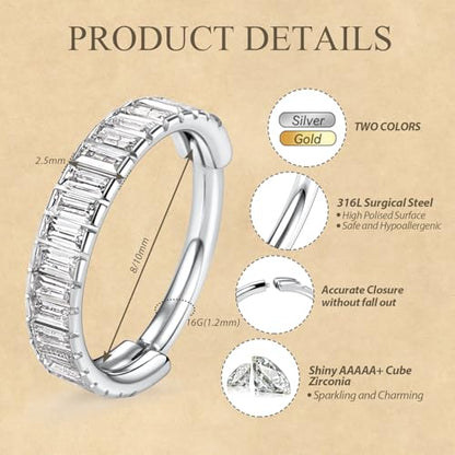FUNLMO 316L Surgical Steel Hinged Segment Ring Conch Helix Septum Piercing Jewelry Nose Ring Hoop Cartilage Huggie Earring Baguette Gems Thick Hoop Earring - color: Silver