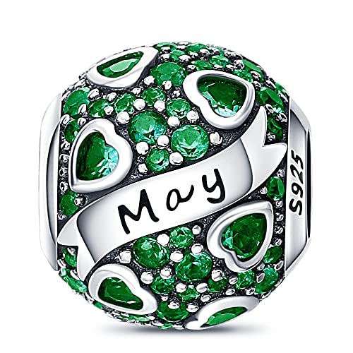 HappyStar 925 Sterling Silver Month Birthstone Charm for Bracelets Necklace，with 5A Cubic Zirconia Dangle Pendant Bead,Happy Birthday Valentine's Day - color: 5-May Birthstones