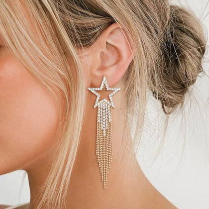 EVER FAITH Crystal Long Waterfall Star Tassel Clip-on Earrings for Women | Rhinestone Beaded Fringe Chandelier Dangle Statement Earring, Wedding Party Jewelry - color: Clear Gold-Tone