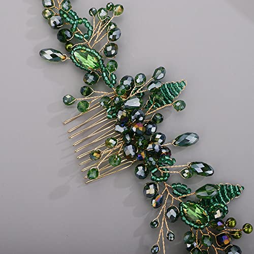 Chargances Wedding Crystal Beaded Hair Vine Comb Bridal Long Pearl Leaf Hair Vine Comb Green Rhinetone Handmade Headpiece Hair Accessories for Wedding Prom Flower Girl (Green) - color: Green