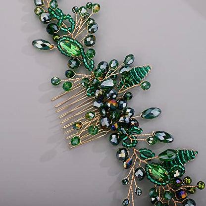 Chargances Wedding Crystal Beaded Hair Vine Comb Bridal Long Pearl Leaf Hair Vine Comb Green Rhinetone Handmade Headpiece Hair Accessories for Wedding Prom Flower Girl (Green) - color: Green