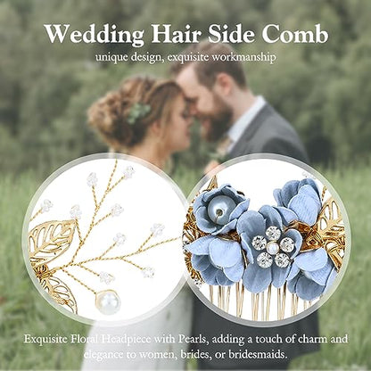Cinaci 18 Pieces Bridal Wedding Party Prom Pearl Rhinestone Light Blue Flower Hair Side Combs Slides+U-shaped Flower Hair Pins+Twist Spiral Hairpins Floral Headpieces for Brides Bridesmaids Women Girl - color: Light Blue