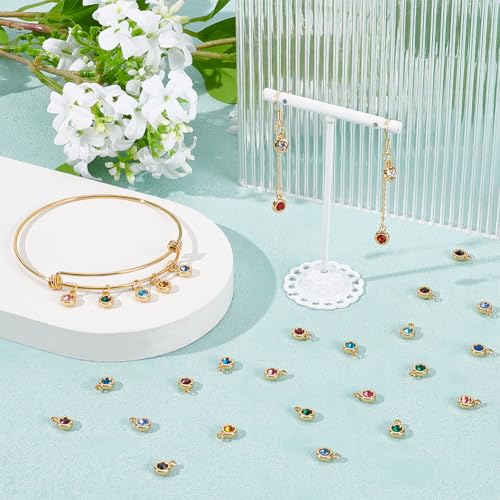 UNICRAFTALE 18K Gold Plated Flat Round Real Birthstone Charms Rhinestone Pendants Crystal Glass Charms Metal Dangle Pendants for DIY Bracelets Necklaces Jewelry Making - color: Multicolor