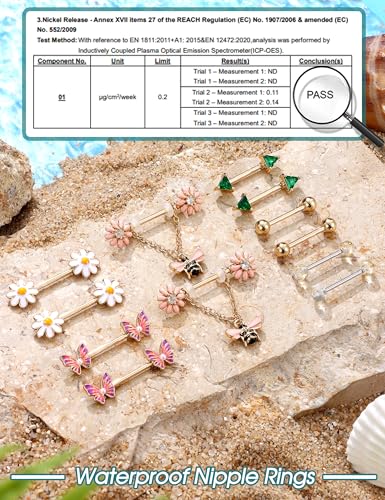 JOERICA 6 Pairs 14G Nipple Rings for Women 316L Stainless Steel Heart Butterfly Moon CZ Flower Barbell Nipple Rings Set Cute Nipplerings Piercing Jewelry - color: Gold Tone