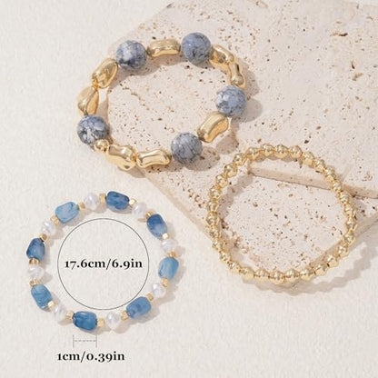 Boho Beaded Stretch Bracelets For Women Stackable Crystal Gold Plated Beaded Bracelets Set Trendy Handmade Friendship Braeclet Jewelry Gifts - color: L-Blue gold 3pcs
