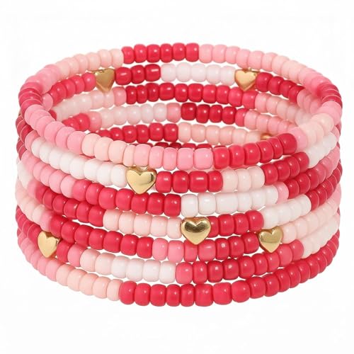 Gold Beaded Bracelets Stack for Women Stocking Stuffers 12PCS Boho Gold Plated Seed Beads Bracelet Stretch Star Stackable Accessories Jewelry Friendship Fall Christmas Gifts for Women - color: 7pcs- Pink Valentine Bracelet