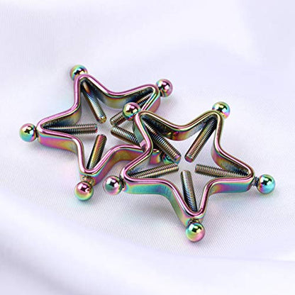 1 Pair Adults Non-Piercings Nipple Shield Adjustable Body Piercing Geometric Stars Nipple Clamp Ring Body Jewelry - color: #1 Rainbow Color