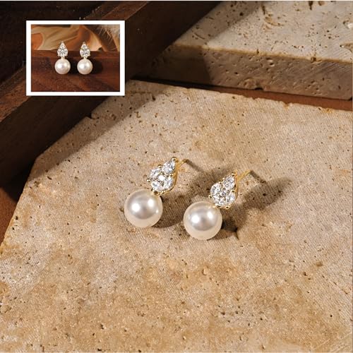 Pearl Earrings for Women:Gold Wedding Dangle Drop Earring Pearl Jewelry | 14K Gold Plated Pearl Drop Earrings for Women,Dainty Wedding Bride Earring Studs,Gold Dangle Drop Earring,Waterproof Jewelry - size: 1 pcs-10