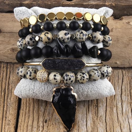 Yomisa Boho Beaded Bracelets/Bangle for Women,Multilayer 5/6/7PCS Healing Natural Handmade Stone Bead Bracelets Stackable Stretch Friendship Beaded Bracelet Set Trendy Western Bohemian Jewelry Gift - color: 6pcs-Black&beige
