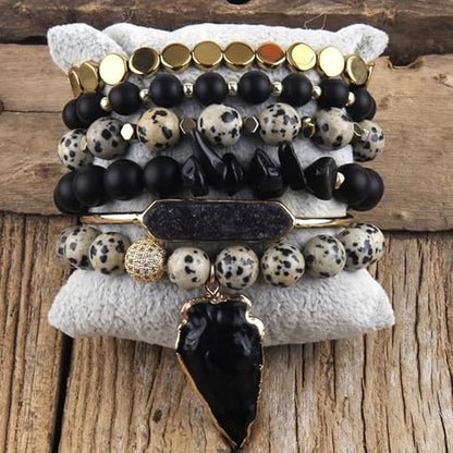 Yomisa Boho Beaded Bracelets/Bangle for Women,Multilayer 5/6/7PCS Healing Natural Handmade Stone Bead Bracelets Stackable Stretch Friendship Beaded Bracelet Set Trendy Western Bohemian Jewelry Gift - color: 6pcs-Black&beige
