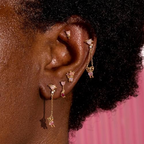 Sterling Silver Earrings Stacks for Women, Hypoallergenic Cartilage Earring | Dainty Stud Huggie Hoop Dangle Chain Earrings, 14K Gold/White Gold Plated - color: 5Pcs Dangle Pink Bear(Single Earring Not a Pair)