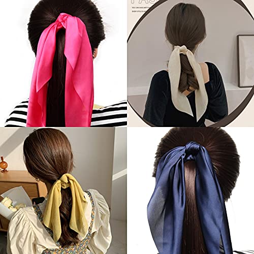 Hair Scarf Scrunchies for Women, LFOUVRE Scarf Scrunchies, 2pcs Knotted Scarf Hair Ties for Girls,Silky Satin Hair Scarf Headband, Elastic Hair Bands Ribbon Scrunchy, Ponytail Holder Hair Accessories - color: Beige