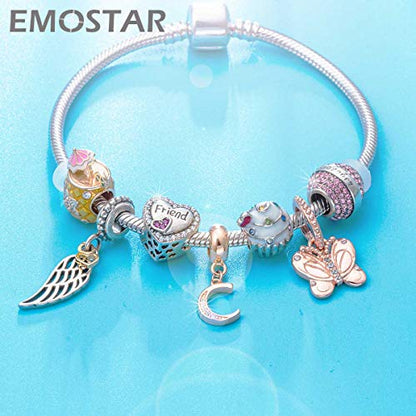 EMOSTAR Letter Charms Initial A-Z Alphabet Beads, Rose Gold 925 Sterling Silver Dangle CZ Birthstone Pendant, Gifts for European Charm Bracelet/Mothers Day/Birthday - color: Letter C