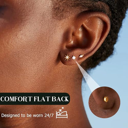 14K Gold Plated 925 Sterling Silver Flat Back Earrings Set | Hypoallergenic Cartilage Helix Conch Tragus Piercing Jewelry 3 Pairs Small Screw Dainty CZ Opal Earring Set Men Women - color: Gold, Style B