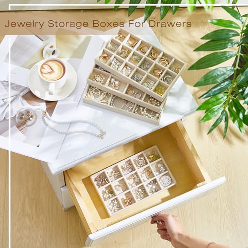 12 Pcs Jewelry Tray Velvet Stackable Jewelry Organizer Trays Divided Earring Accessories Storage Containers Box (Rose Red) - color: Beige