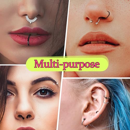 ONESING 20-30 Pcs Septum Rings 16G Septum Jewelry - Surgical Steel Piercings Horseshoe Helix Daith Smiley Tragus Lip Rings Nose Hoop Hinged Seamless Piercing Jewelry for Women Men - color: Silver,Black-16G-10mm