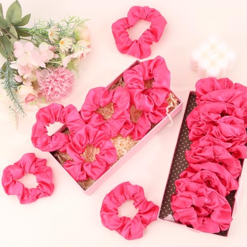 Jaciya Satin Scrunchies for Women Hot Pink Hair Scrunchies Elastic Hair Tie | 24 Pack Elastic Hair Ties for Ponytails and Buns - color: Hot Pink