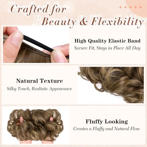 2PCS Messy Bun Hair Pieces Synthetic Hairpieces For Women | Messy Bun and Donut Bun in one set for natural-looking volume and elegant updos for every occasion. - color: Brown Mixed Honey Blonde