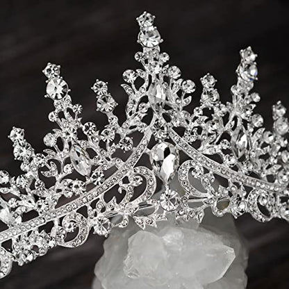 SWEETV Crystal Wedding Tiara for Women, Royal Queen Crown Headband, Rhinestone Princess Hair Accessories for Prom Birthday - color: 0.Silver