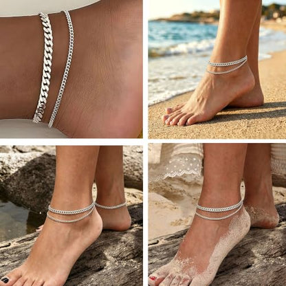Anklets for Women, Gold/Silver Chunky Cuban Link Anklet Bracelets for Women Layered Gold Anklets for Women Waterproof Adjustable Women's Anklets Beach Jewelry - style: chunky cuban anklet set-silver