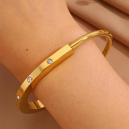 Minimalist Gold Lock Bracelet with Rhinestone Details, Stainless Steel Open Cuff Bangle for Women, Chic Everyday Jewelry