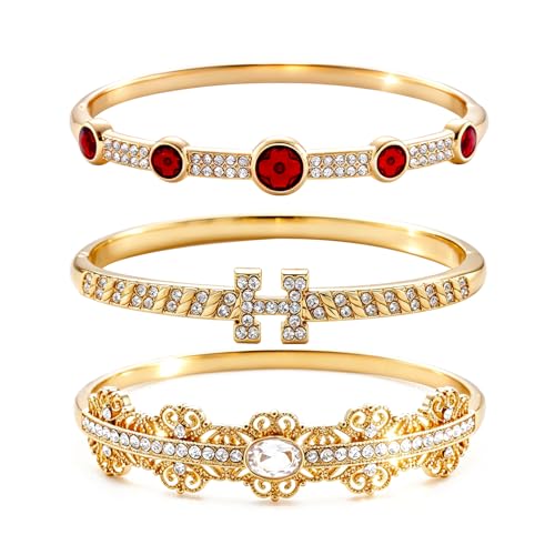 3 Pack Vintage Series Gold Bangle Bracelet Set for Women Stackable Jewelry | 18K Gold Plated Non Tarnish Waterproof Vintage jewelry Long Lasting Luster Fade Resistant Fits Most Wrists - color: Luxury Gemstone Style-Red