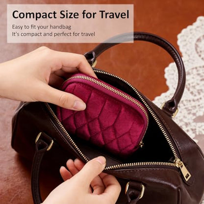 KALUYA shunmei Small Jewelry Travel Case, Diamond Quilted Velvet, Hot Pink | 4.72"x4.72" bag with zipper, 5-layer velvet organizer pouch, for bangle, bracelet, earring, necklace, ring, for women girls - color: Hot Pink