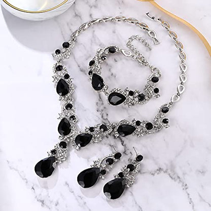 Wedding Bridal Jewelry Set for Women Prom Party Accessories | Shiny Multi Teardrop Cluster Crystal Statement Necklace Dangle Earrings Link Bracelet Set for Bride Bridesmaid - color: Black Silver-Tone