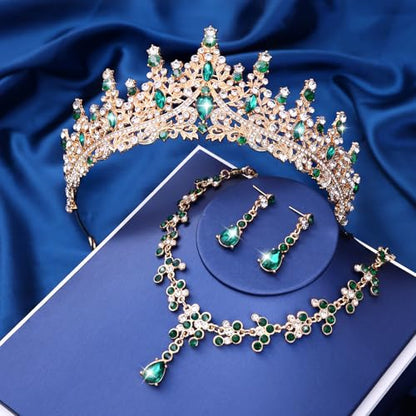 Crystal Crown and Tiara Jewelry Set for Women Bride with Necklace Earrings | Metal Rhinestone Royal Queen Princess Jewelry Set Wedding Quinceanera Pageant Prom Birthday Halloween Party Costume Gift - color: Green