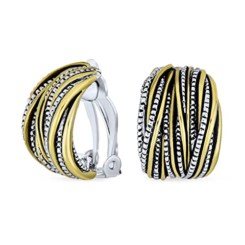 Two Tone Caviar Bead Braided Crossover Wire Clip On Earrings For Women Non Pierced Ears Oxidized Rhodium Plated 14K Yellow Gold Plated