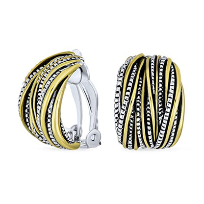 Two Tone Caviar Bead Braided Crossover Wire Clip On Earrings For Women Non Pierced Ears Oxidized Rhodium Plated 14K Yellow Gold Plated