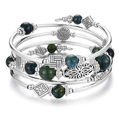 BULINLIN Layered Wrap Bangle Turquoise Bracelet - Bead Bracelet with Natural Agate Stone, Gifts For Women - color: 09-Dark green