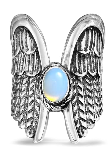 Oval Genuine Gemstone Angel Wings Wide Band Ring,Retro S925 Sterling Silver Full Finger Chunky Statement Band Ring for Women - color: A05_Opalite Quartz