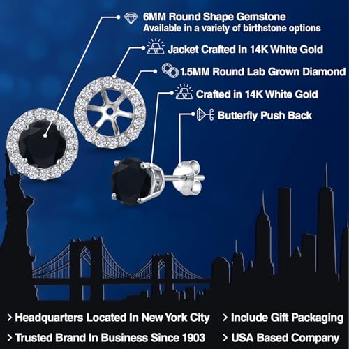 Gem Stone King 14K White Gold 6MM Round Gemstone Birthstone Stud Earrings with Removable Jackets and Lab Grown Diamond Accents | Gold Earrings For Women | Fine Jewelry Gift for Her Mom Women Wife - color: Onyx-December