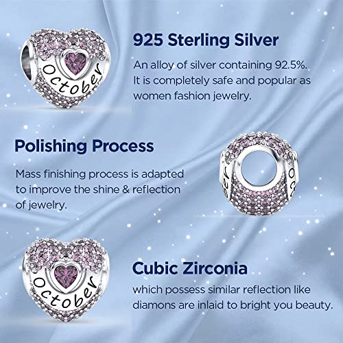 Birthstone Charms Love Heart Openwork Bead Charm for Women Bracelets and Necklaces 925 Sterling Silver with 5A Cubic Zirconia,Jewelry Gifts Women - color: Silver October Birthstone Charms
