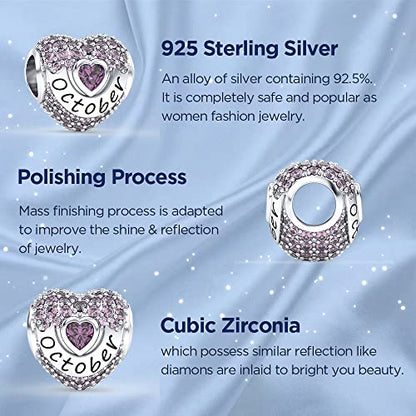 Birthstone Charms Love Heart Openwork Bead Charm for Women Bracelets and Necklaces 925 Sterling Silver with 5A Cubic Zirconia,Jewelry Gifts Women - color: Silver October Birthstone Charms
