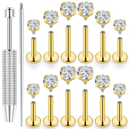 18G 16G 14G Lip Labret Medusa Nose Rings Studs Flat Back Earrings Internally Threaded 316L Surgical Steel Cartilage Tragus Helix Conch Earrings Piercing Jewelry for Women Men 6mm 8mm 10mm - color: 18G - Gold-6/7/8mm Bars-Grabber Tool