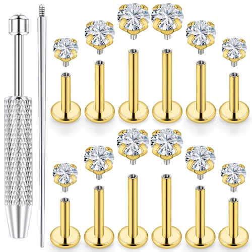 18G 16G 14G Lip Labret Medusa Nose Rings Studs Flat Back Earrings Internally Threaded 316L Surgical Steel Cartilage Tragus Helix Conch Earrings Piercing Jewelry for Women Men 6mm 8mm 10mm - color: 16G - Gold-6/8/10mm Bars-Grabber Tool