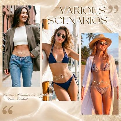 Hicarer 3 Pieces Crystal Belly Ring with Chain Rhinestone Waist Body Chain Bikini Belly Jewelry Beach Accessories Jewelry for Women Adults - color: Gold, style: Elegant Style