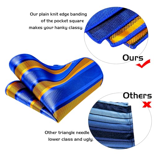 5PCS Mens Silk Tie, Pocket Square, Cufflinks, Drilled Tie Ring and Lapel Pin Set for Wedding Groom Party - color: Gold and Blue Tie Set -151
