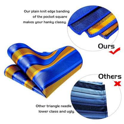 5PCS Mens Silk Tie, Pocket Square, Cufflinks, Drilled Tie Ring and Lapel Pin Set for Wedding Groom Party - color: Gold and Blue Tie Set -151