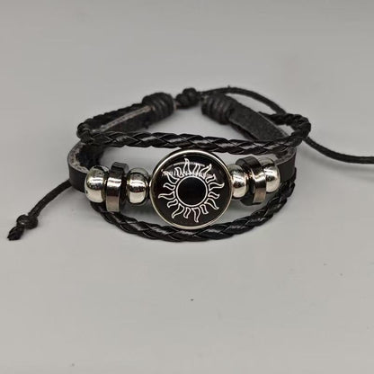 Sun Moon Matching Couple Bracelets for Him Her, Braided Faux Leather Adjustable Wristband, Vintage Sun Star Moon Cabochon Charm Jewelry Valentine Gift for Lovers Best Friends