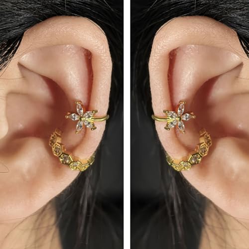 2 Pairs Ear Cuff Earrings for Women 14K Gold Plated Non Tarnish Gold Ear Cuffs Set Cute Fake Piercings Earings Rhinestones Clip On Earrings Wraps Jewelry - color: Gold-2