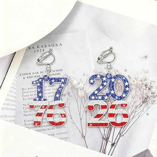 4th of July Independence Day Clip on Earring for Women American Flag Dangle Earrings Patriotic Red White Blue USA Earring, Pave Crystal Stud - color: blue 50
