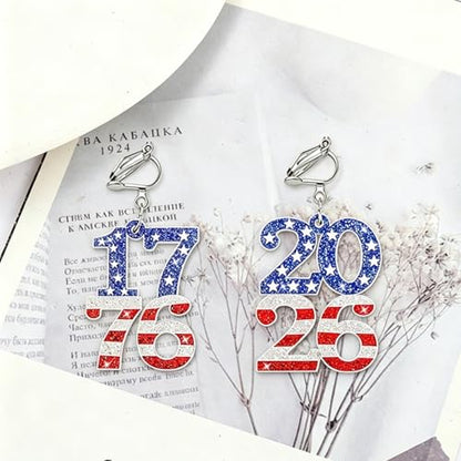 4th of July Independence Day Clip on Earring for Women American Flag Dangle Earrings Patriotic Red White Blue USA Earring, Pave Crystal Stud - color: blue 50