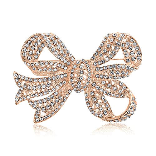 Bling Jewelry Victorian Vintage Style Winter Wedding Holiday Royal Blue White Glittering Crystal Pave Bridal Fashion Large Statement Filigree Ribbon Bow Scarf Brooch Pin For Women Silver Rose Plated - color: Rose