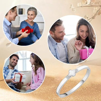 Clover Bracelets for Women Gold and Silver Chunky Oval Clover Bangle | 18k Gold Plated Stainless Steel,Precision Polished Non Tarnish,Black/White/Red/Pink/Orange Clover Bracelet Gifts for Women - color: Silver White Bangle