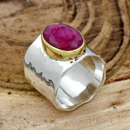 Fashion Oval Pink Synthetic Gemstone Two Tone Wide Ring for Women Party Festival Punk Personality Jewelry - color: silver & gold