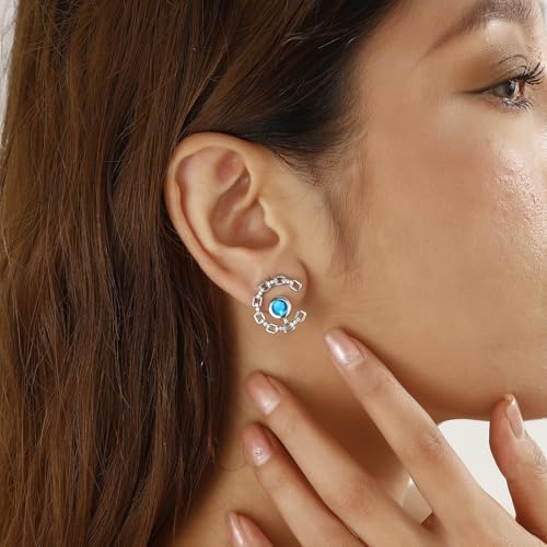 Elegant C-Shaped Crystal Stud Earrings with Birthstone Earring Silver Plated Fashion Jewelry for Women CE0003 - color: Blue-March